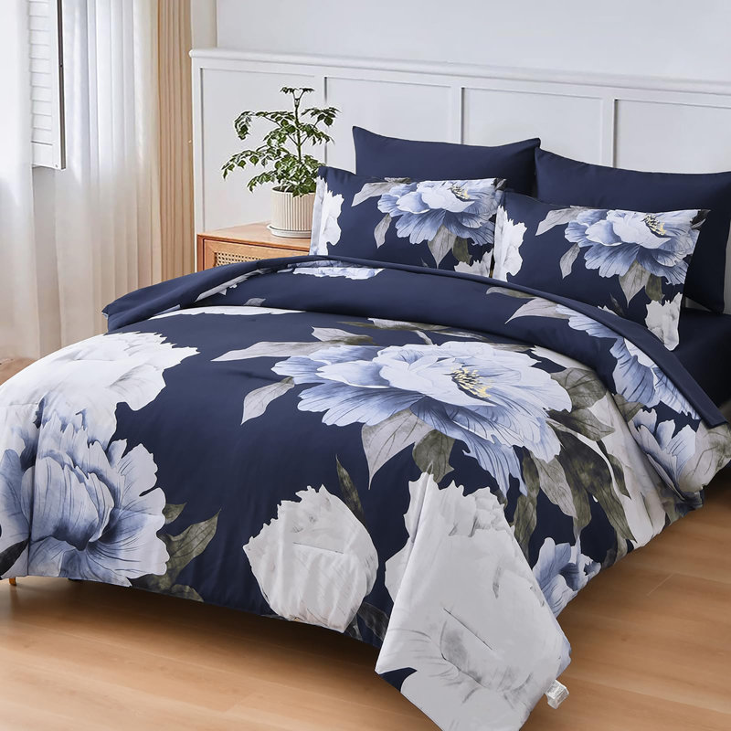 Ensemble de housse de couette à motif floral 7 pièces, Marine, Édredon de très grande taille et 6 pièces suppl