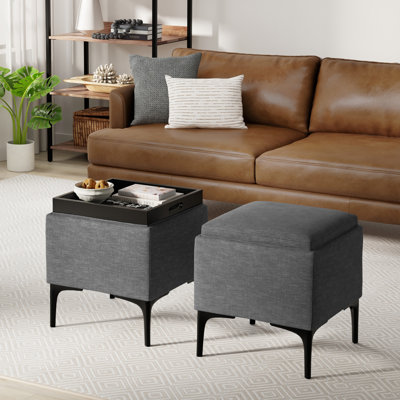Natasha 18"W Upholstered Square Storage Ottoman with Tray Top and Metal Legs