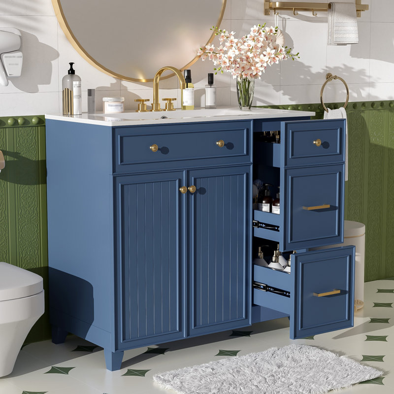 [Meuble-lavabo moderne 36 po] Lavabo en céramique | Portes à fermeture en douceur et tablettes réglables | Tiroirs double couche | Rangement pour salle de bain petite et moyenne