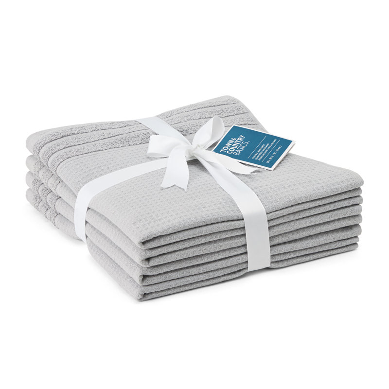 TOWN & COUNTRY BASICS 4-Piece Waffle Woven Terry Stripe Hand Towel Set, 20x30-Inch, 100% Cotton, Quick Dry, Light Gray
