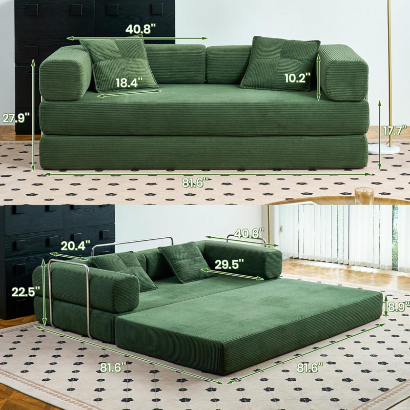 Canapé-lit convertible avec coussin cylindrique, canapé-lit en velours côtelé pour le salon ou la chambre à coucher - vert