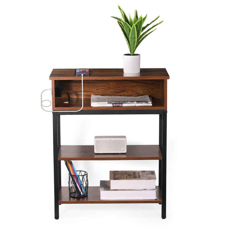 End Table and Built-In Outlets, Brown Top/Black Base