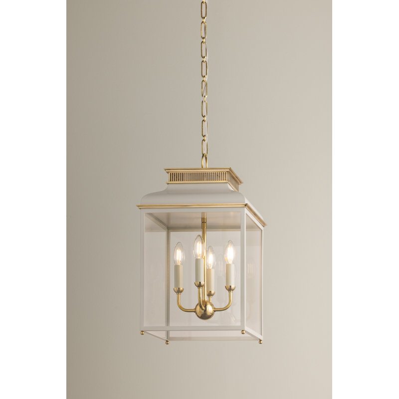 Houghton Lantern in Aged Brass and Distressed Bronze by Mark D. Sikes, 22.25" H x 12.75" W x 12.75" D, Aged Brass/Off-White