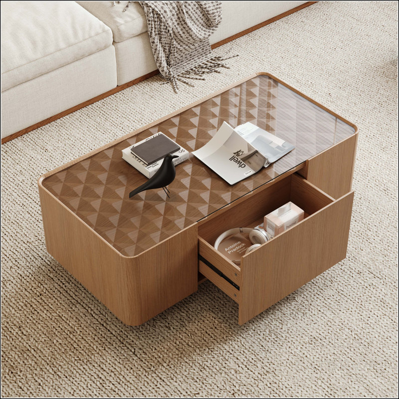 Table basse rectangulaire à plateau en verre avec tiroirs de rangement cachés, H 15,7 po x L 46,8 po x l 23,2 po