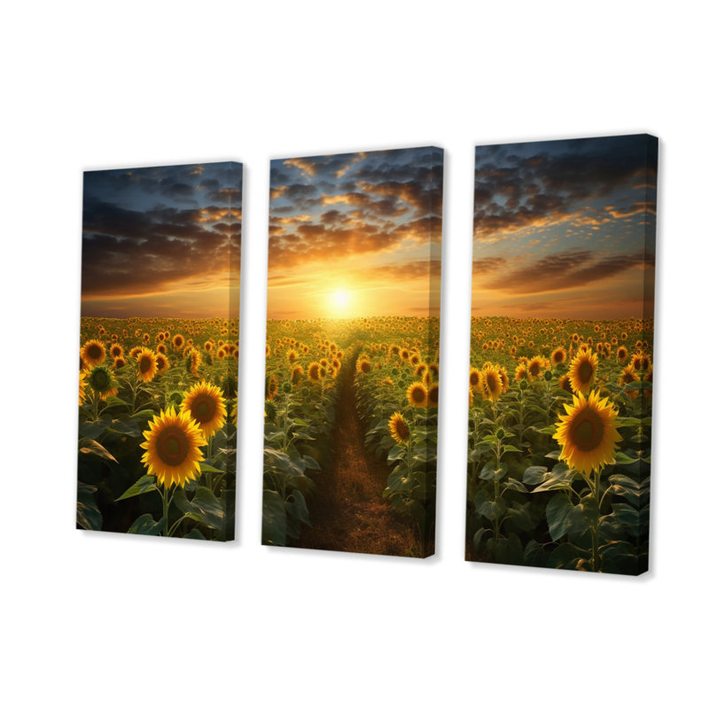 Tournesol doré, impression panoramique sur toile 3 pièces, H 28 po x l 36 po x P 1 po