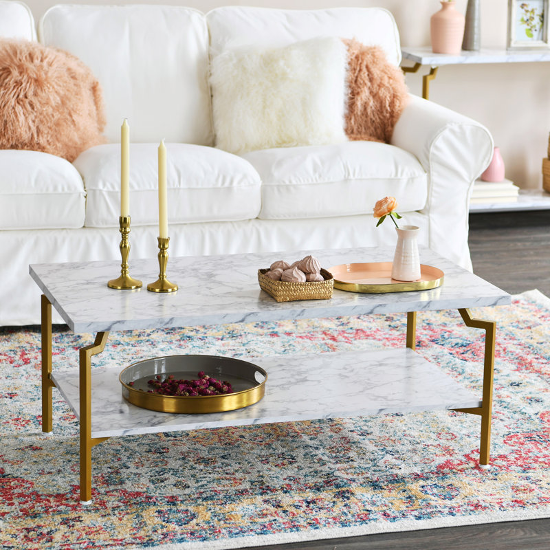 White Marble & Gold Iron Crown Coffee Table, White Top/Gold Base
