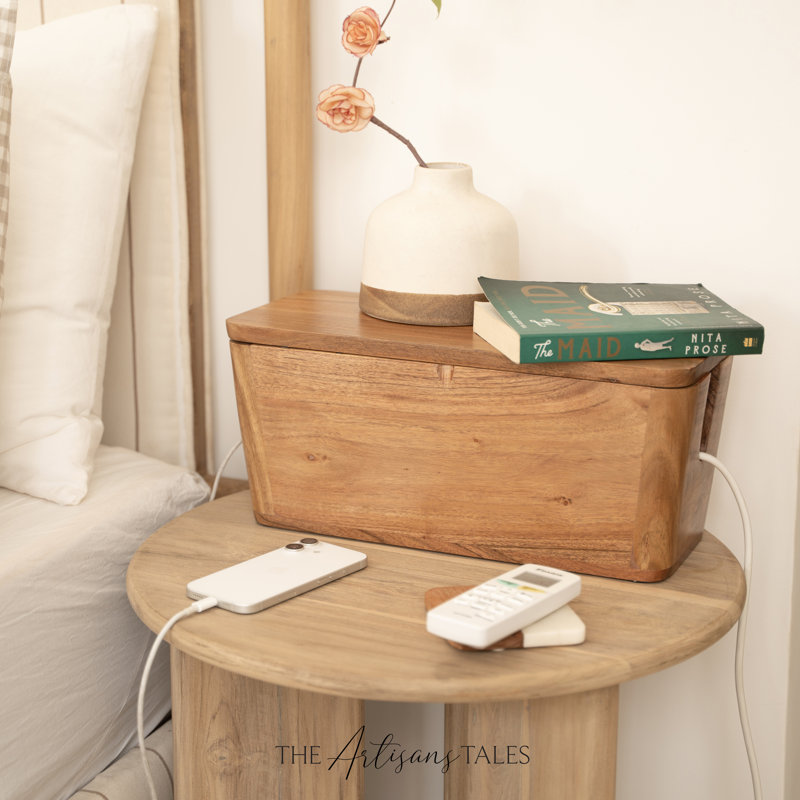 Boîte de gestion de câbles en bois de manguier avec fermeture magnétique FarmHouse, Bois naturel
