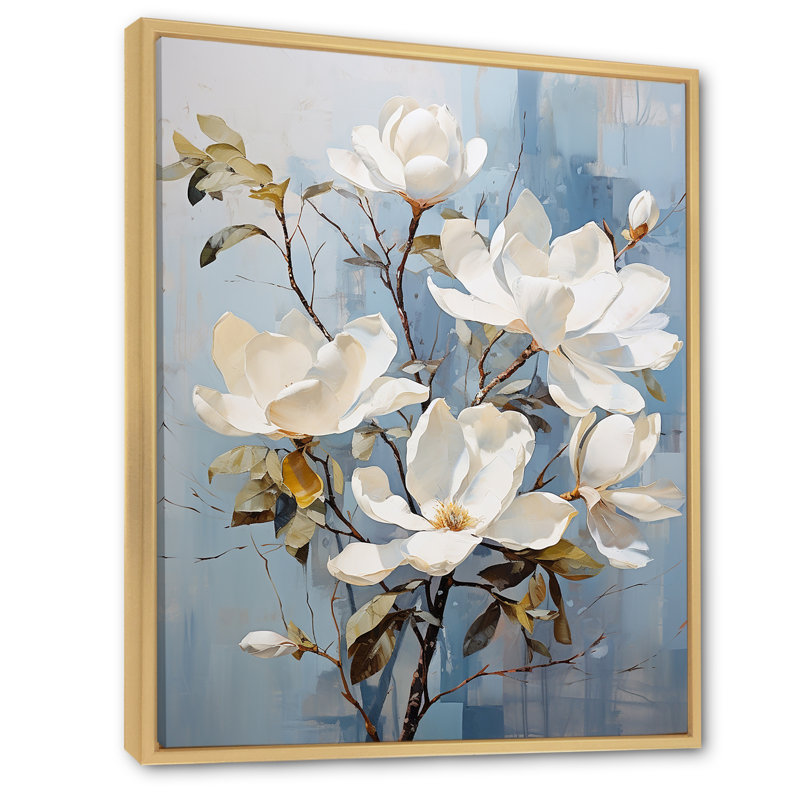 «Magnolias III» bleu et doré sur toile, Cadre naturel flottant, 32" H x 24" W