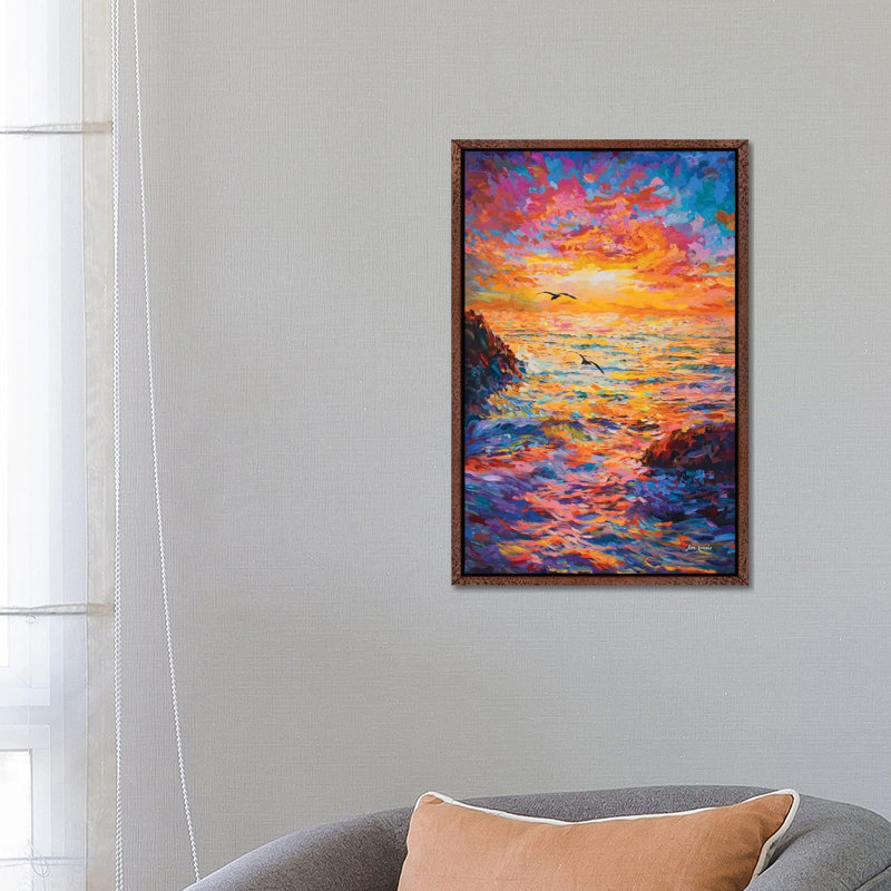 Sunset Over Ocean by Leon Devenice - Painting on Canvas, 66.04cm H x 45.72cm W x 3.81cm D, Classic Brown Wood Framed