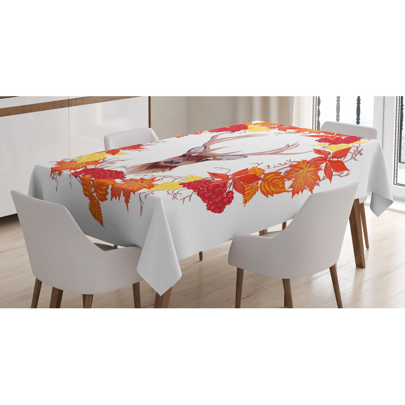 Ambesonne Fall Tablecloth, Reindeer Head In Rounded Floral Wreath Frame Made With Aesthetic Fall Leaves Print, Rectangular Table Cover For Dining Room Kitchen Decor, 52" X 70", Brown Orange