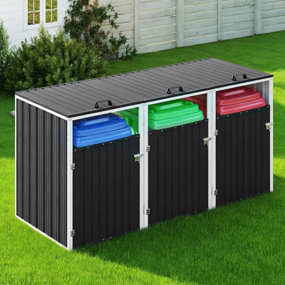 83 Cu. Ft. Heavy-Duty Metal Trash Can Shed, 3-Bin Storage With Pneumatic Rods, Lockable Doors & Waterproof Lid Chain, Outdoor Garbage Cabinet For Patio/Garden/Backyard (Dark Gray)