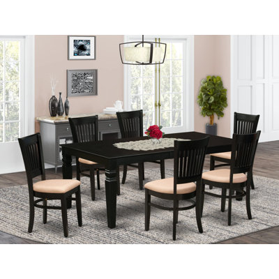 7 Piece Modern Dining Table Set Consist of a Rectangle Wooden Table with Butterfly Leaf and 6 Linen Fabric Kitchen Dining Chairs, Black