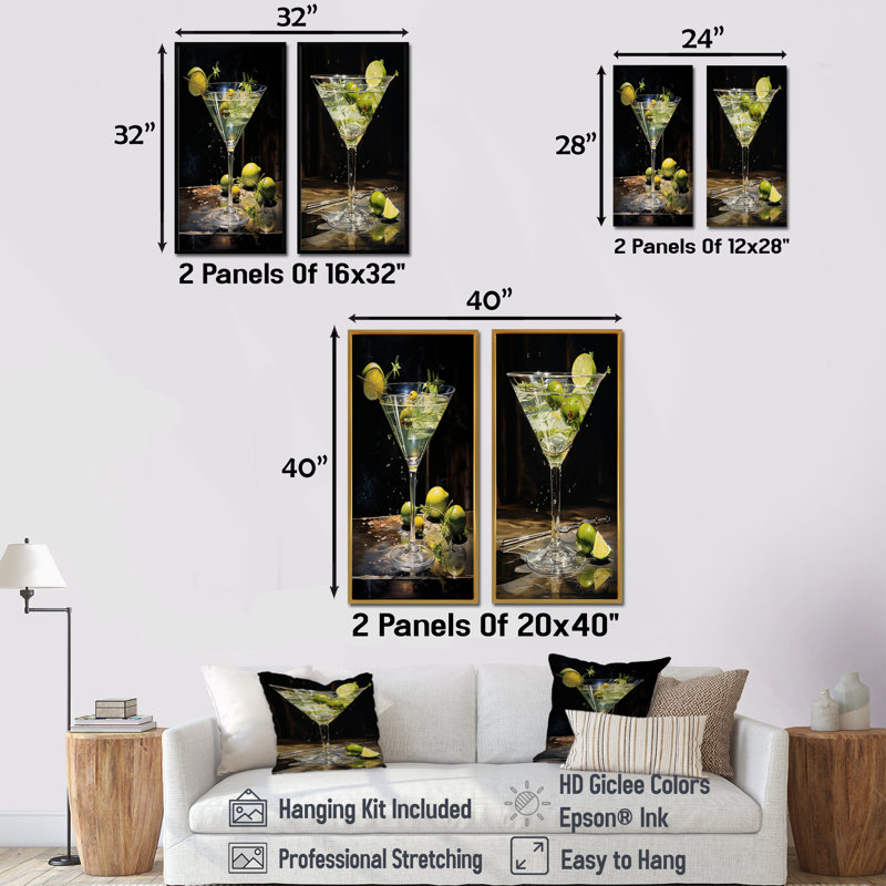 «Dirty Martini Mirage Cocktail», ensemble de 2 reproductions d'art mural, Cadre blanc, H 32 po x l 33 po