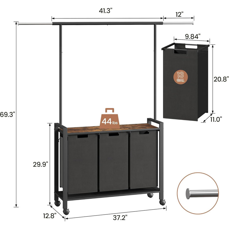 Chariot à linge avec roulettes verrouillables, support suspendu et tablette utilitaire, panier à linge pour salle de bain
