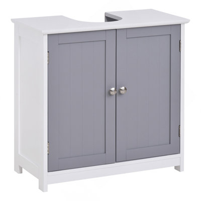Armoire de rangement à piédestal, armoire de base de meuble-lavabo, armoire de salle de bain sous évier avec découpe en U et tablette interne réglable Kleankin, blanc et gris
