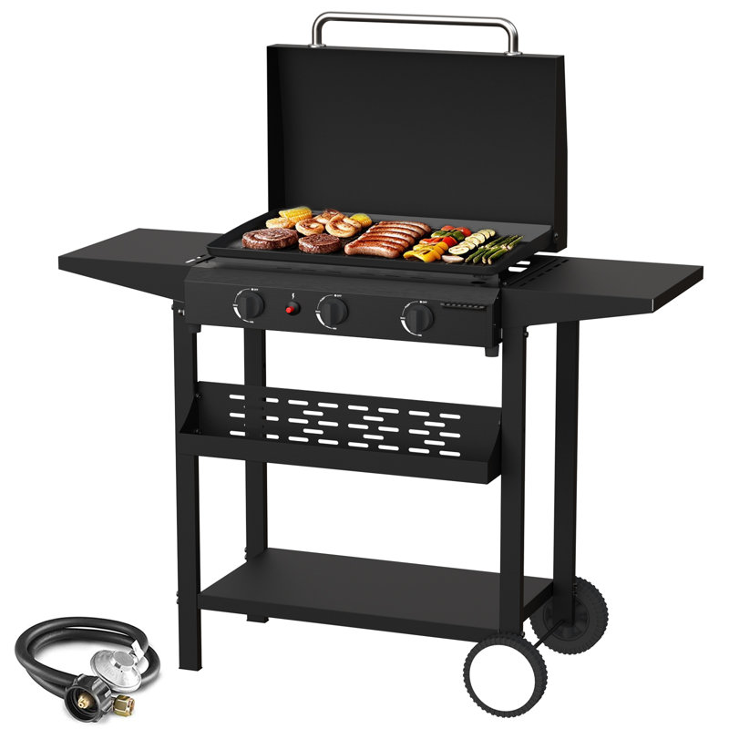 Barbecue au gaz propane 3 brûleurs de 65 cm avec chariot roulant tout-en-un, plaque de cuisson extérieure à roulettes, noir