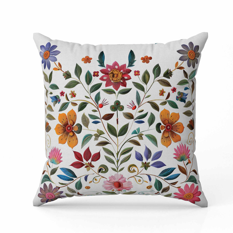 Oreiller symétrique en simili suède Flora, Blanc / vert / orange / crème, Carré 26 po