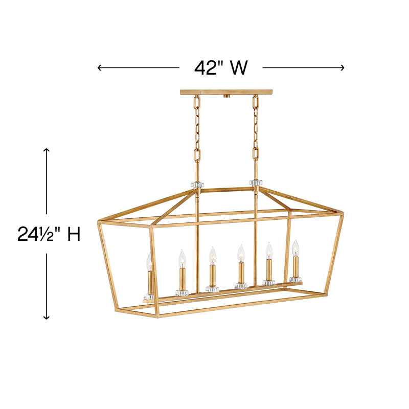 Luminaire suspendu linéaire à 6 lumières pour îlot de cuisine avec détails en cristal Stinson, Laiton vieilli, Laiton vieilli