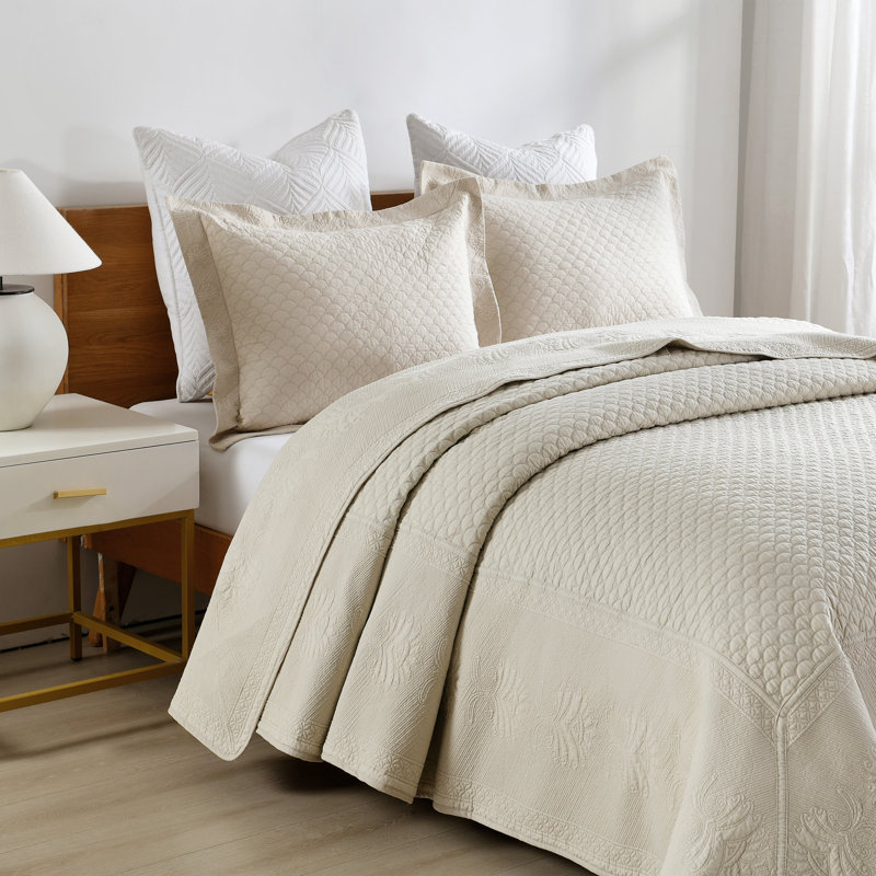 Ensemble de courtepointe en coton TMquilt, Beige, Courtepointe pour lit grand + deux taies décorati
