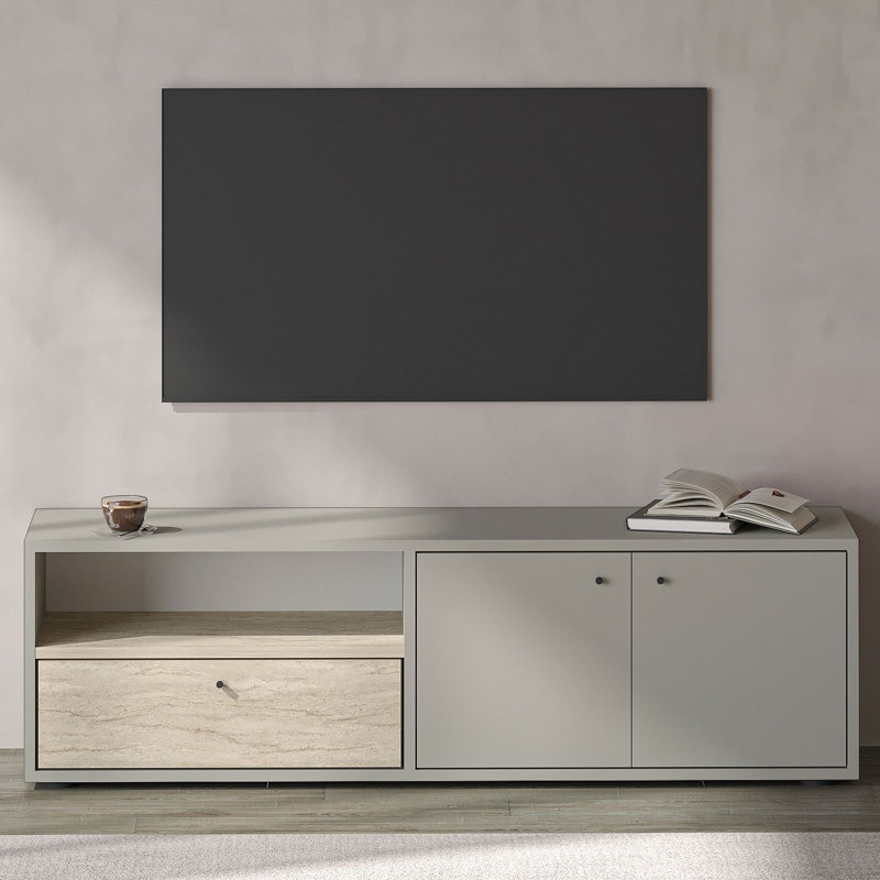 Meuble télé moderne avec option de fixation murale, gris et travertin, 53,5 po x 16,5 po x 13,8 po | 100% panneau de particules enduit de mélamine, épaisseur: 0,7 pouce | Comprend plusieurs tablettes, une finition en marbre élégante et une conception peu encombrante