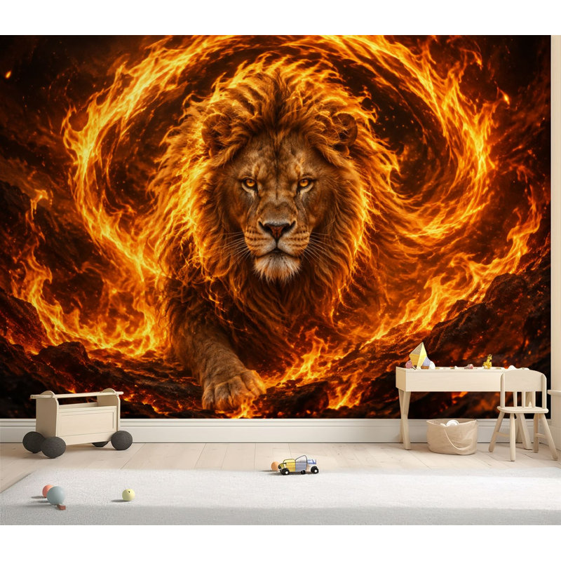Papier peint adhésif autocollant Majestic Fiery Lion, L 69 po x l 96 po