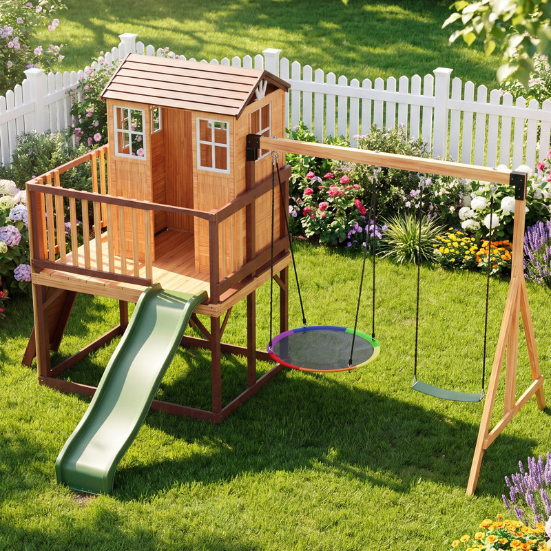 Maisonnette extérieure pour enfants, ensemble de balançoire en bois de cèdre avec glissade, mur d'escalade, bac à sable et cuisine de jeu, aire de jeu pour enfants tout-en-un pour la cour