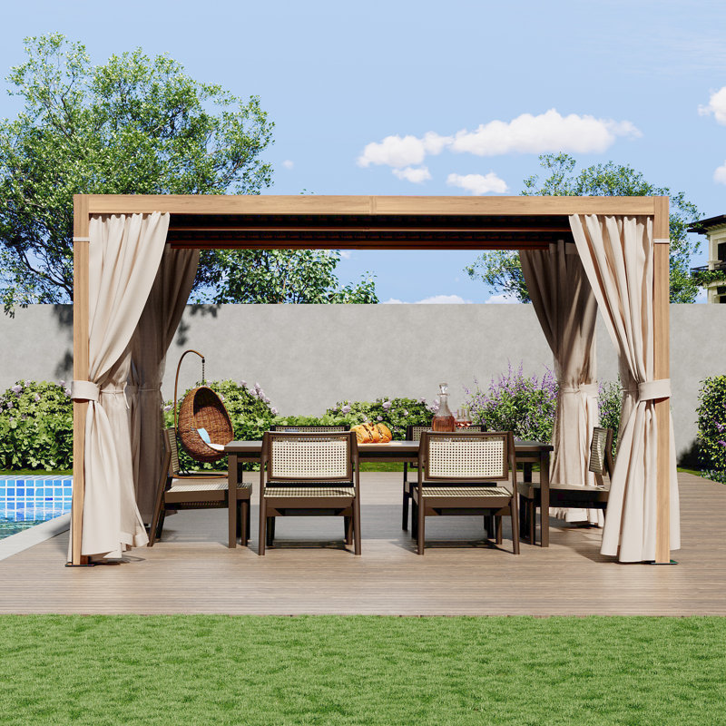 Aluminum Louvered Pergola with Adjustable Roof and Curtains, 13 Ft. W x 10 Ft. D, Natural wood