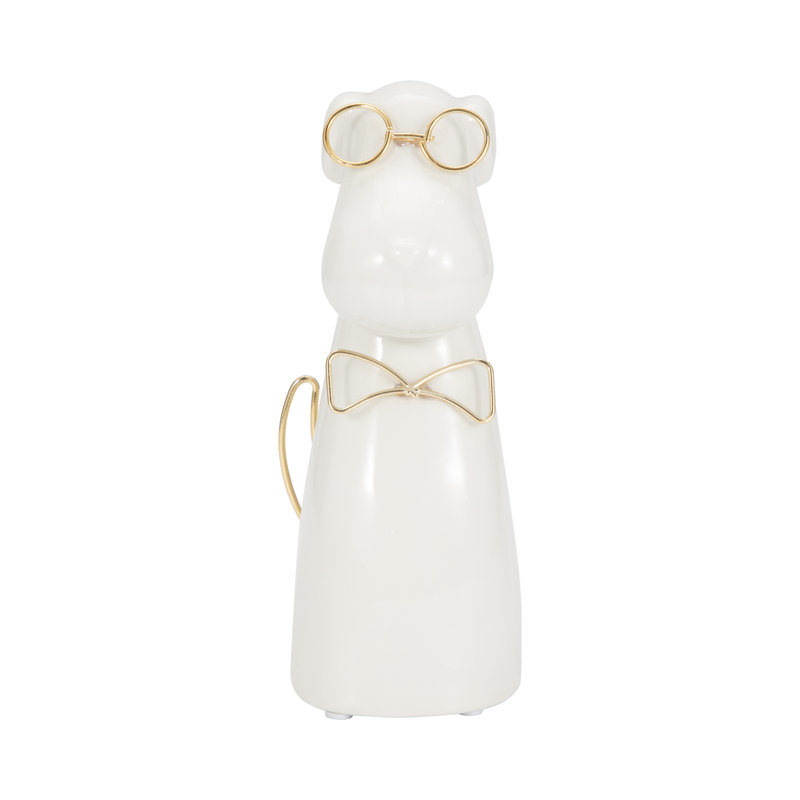 Figurine de chien en grès et métal Glam avec nœud papillon et lunettes - élégante sculpture décorative, Chien