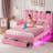 Full-Size Upholstered Led Princess Bed Frame With Storage Drawers, Hidden Storage, Safety Rails, Charging Station, Heavy-Duty Metal Stand, Pink-1230876599-1230876600
