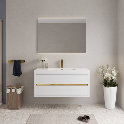 Meuble-lavabo mural 48 po avec lavabo, meuble de rangement flottant avec comptoir en résine de pierre, tiroirs à fermeture en douceur, pré-assemblé, blanc brillant