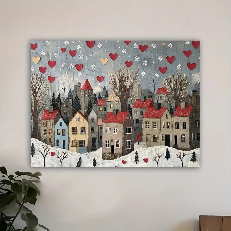 Impression sur toile Cozy Winter Red Heart Village - Urban Studio, 40*28 pouces (100*70*2 cm)