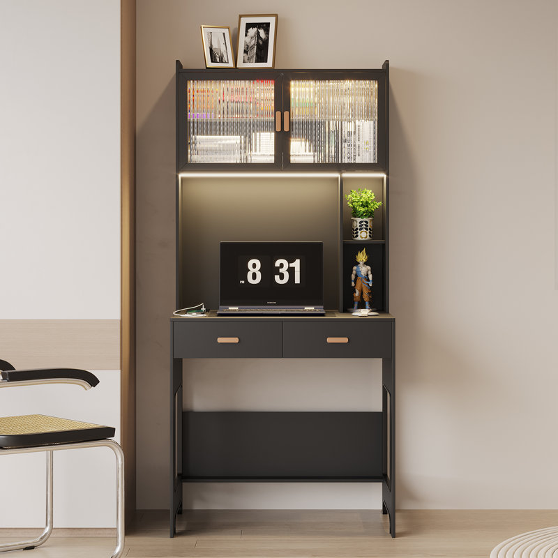 Bureau d'ordinateur l 31,5 po avec huche et armoire Berwaldt, Noir, noir, noir, noir