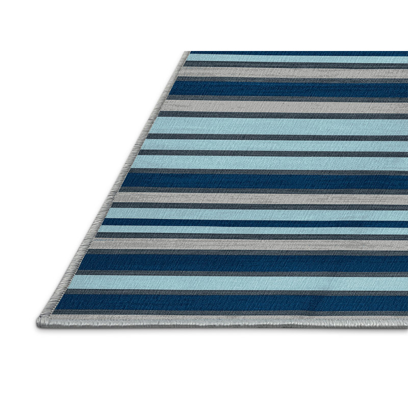 Washable Ice Blue Light Gray Striped Area Rug, Round 8'