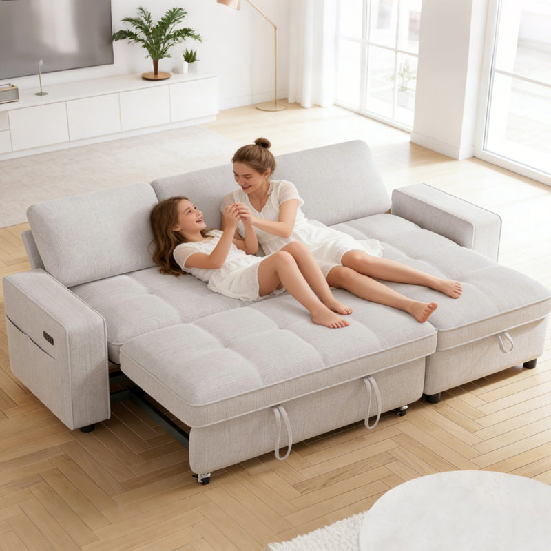 Multifunctional Sectional Sleeper Sofa With Usb/Type-C Charging, 5-Position Recline, Tool-Free Assembly, Chenille Fabric With Removable Washable Covers-L Shape Sofa
