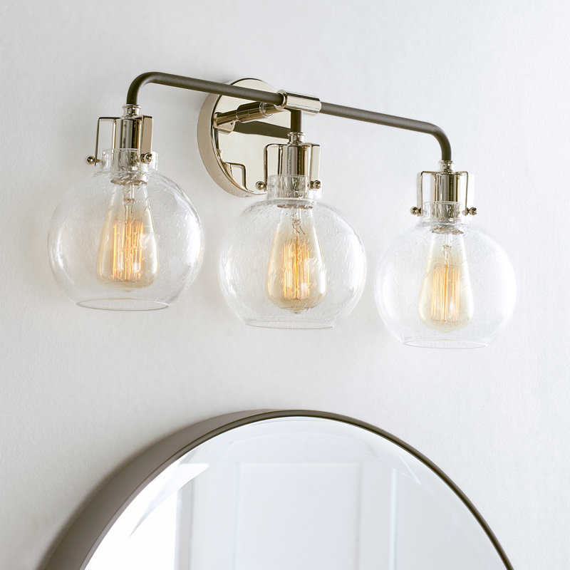 Éclairage pour salle de bain 3 lumières en acier avec abat-jour en verre bullé Byrne, Nickel poli / noir texturé