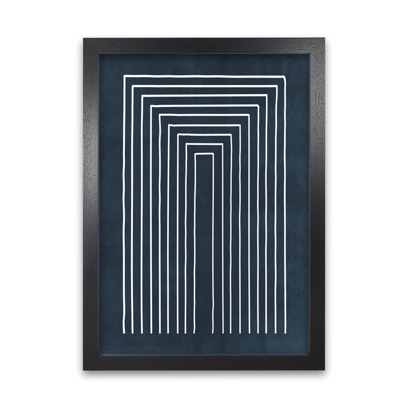 Lino Style Blue Geometric Lines - Print, Black Frame, 42cm H x 30cm W x 3cm D