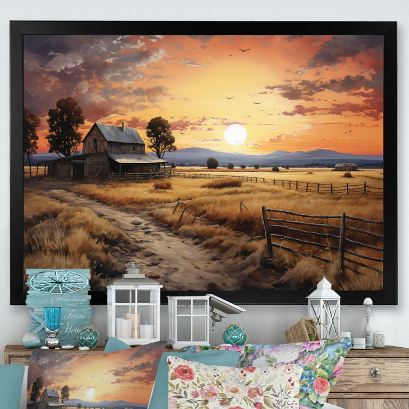 Paysage de grange au crépuscule IV - Art mural de grange pour le salon, H 16 po x l 32 po, Cadre photo unique, Noir