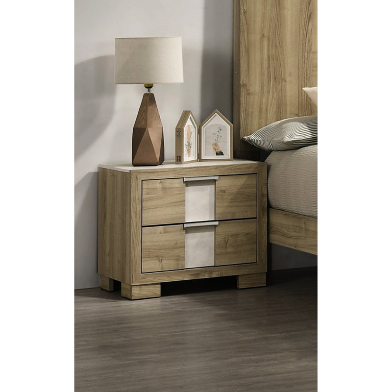 Table de chevet contemporaine à 2 tiroirs en bois de grève de finition contemporaine pour chambre à coucher, hauteur 21,17 po, attrait d'assemblage, poignée en métal, largeur 16,78 po
