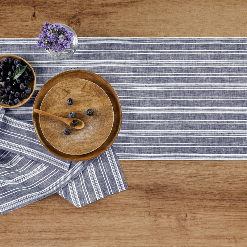 Chelsea Stripe - 100% Pure Linen Table Runner, 120" x 14", Navy and White