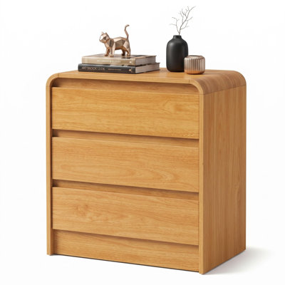 Curved Nightstand, Bedside Table with Drawers and Open Shelf | Three Drawers Wood Grain Finish With Rounded Edges Charging Station, Ideal As End Table For Bedroom, Living Rooms