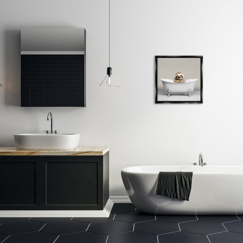 Happy paresseux dans la baignoire, H 18 po x l 18 po, Cadre flottant noir de jais