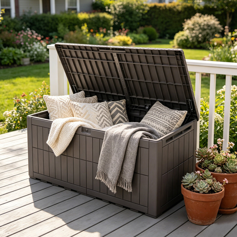 Coffre de terrasse verrouillable 200 gallons avec verrou Edrosie Inc, 200 Gallons, Light Brown