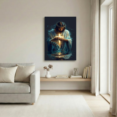 Tableau sur toile représentant Jésus-Christ couronné d'épines tenant une croix lumineuse dans l'eau (1 pièce)