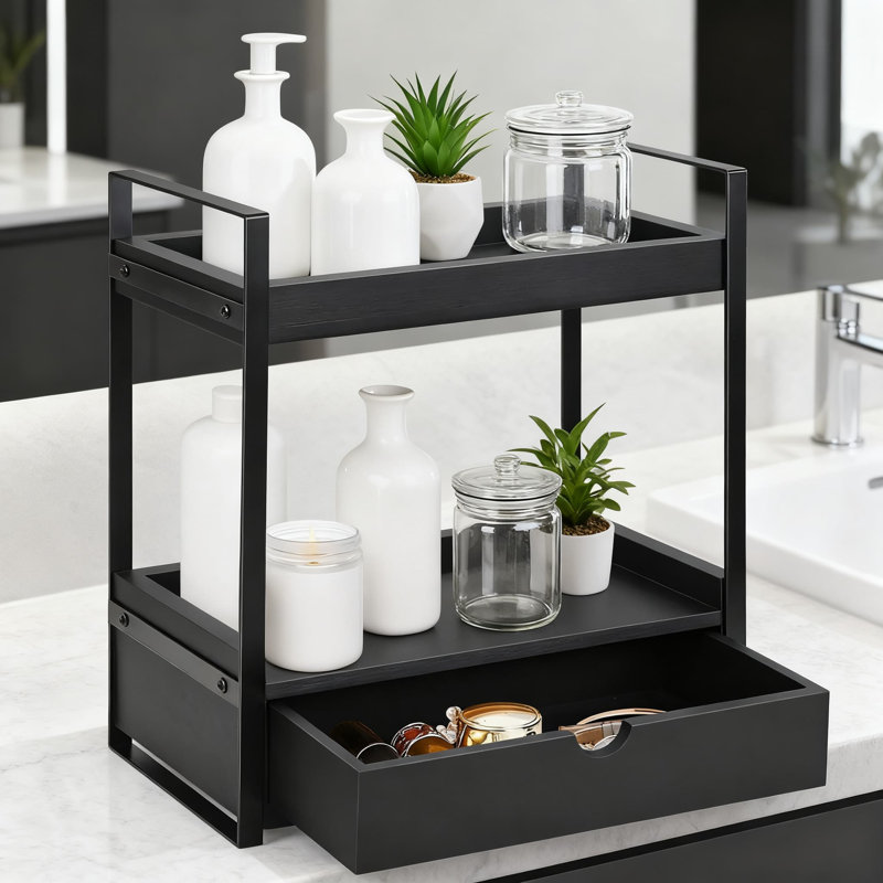 Organisateur de comptoir à 2 niveaux avec tiroir, tablette de rangement en bois et en métal pour meuble-lavabo, cuisine, bureau, plateau décoratif multi-usages