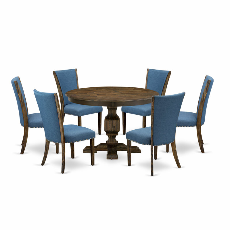7 Piece Dining Set Consist of a Round Dining Room Table with Pedestal and 6 Blue Color Linen Fabric Upholstered Parson Chairs, Distressed Jacobean