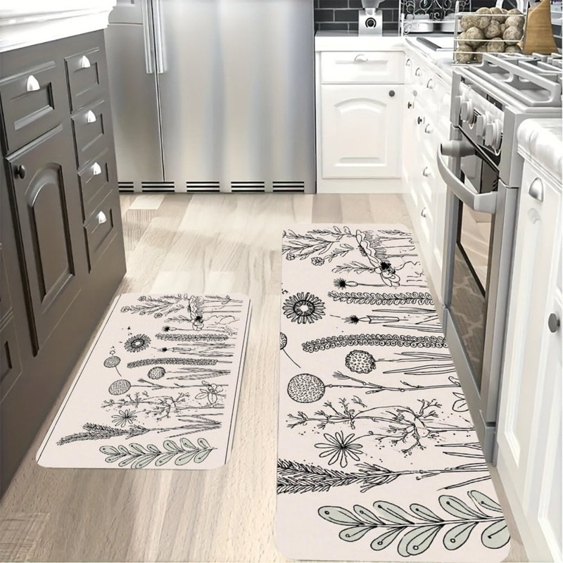 Croquis de fleurs sauvages, ensemble de 2 tapis de cuisine