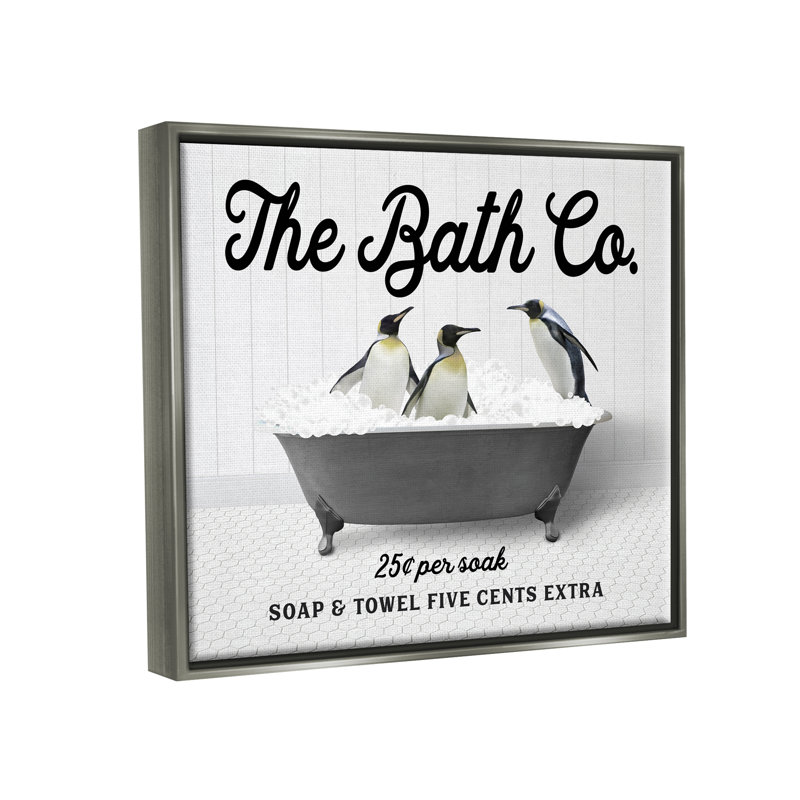 «Penguins In Vintage Tub», art mural sur toile flottante par lettré et doublé, Cadre flottant gris lustré
