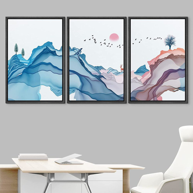 «Smoke Effect Abstract Wave Forest», peinture sur toile flottante 3 pièces, Cadre noir, H 24 po x l 48 po