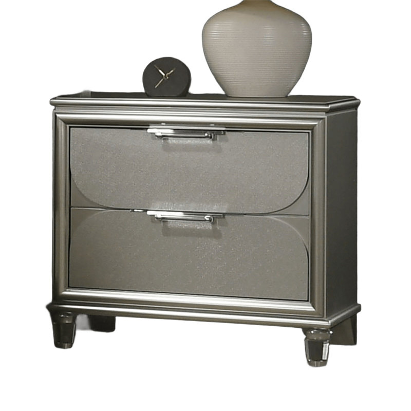Contemporary Silver 1Pc Nightstand Acrylic Handles Embossed Panels English Dovetails 2-Drawers Bedside Table (Only Nightstand)