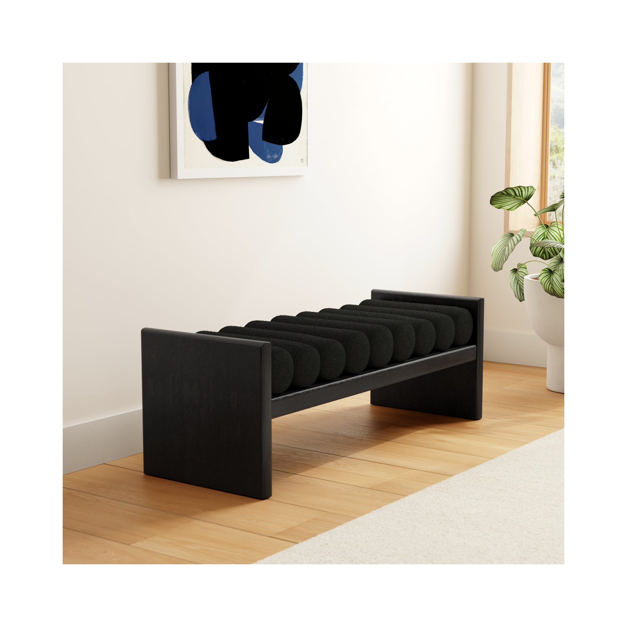 Reeves Boucle Wood Bench, Black Boucle Fabric / Black Finish, 18" H x 52" W x 19" D